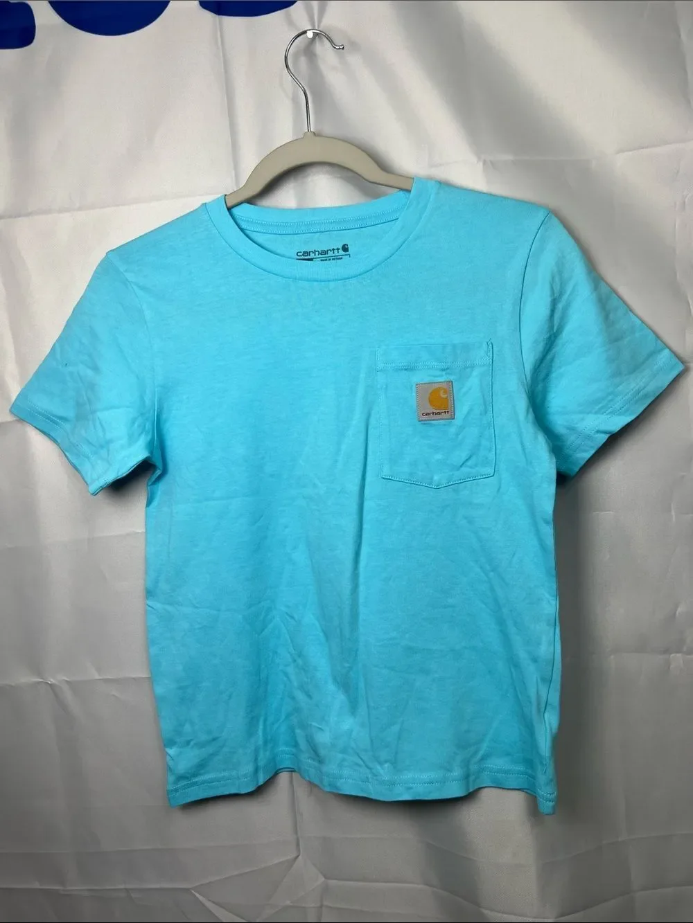 Carhartt blue pocket t-shirt with camping graphic on back
